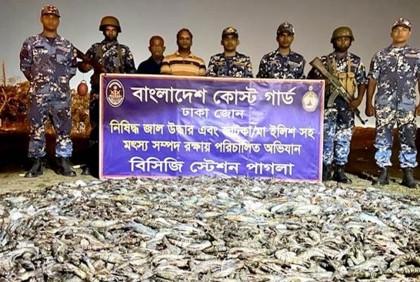 নারায়ণগঞ্জ কোস্ট গার্ডের অভিযানে কোটি টাকার বিষাক্ত চিংড়ি ও জাটকা জব্দ