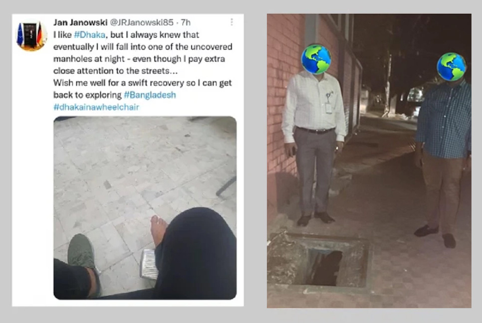 রাজধানীতে ঢাকনাবিহীন ম্যানহোলে পড়ে জার্মান উপ-রাষ্ট্রদূত আহত 

