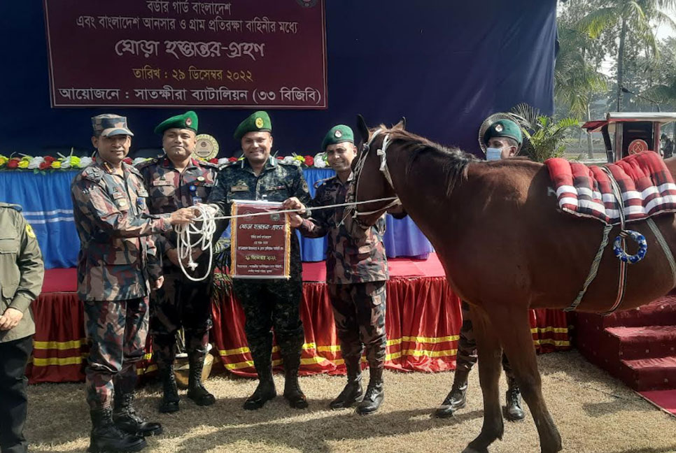 সাতক্ষীরা সীমান্তে আটককৃত অ্যারাবিয়ান রেসিং ঘোড়া আনছার ও গ্রাম প্রতিরক্ষা বাহিনীর কাছে হস্তান্তর