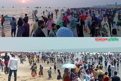 কুয়াকাটা সৈকতে পর্যটকদের উপচে পড়া ভিড়