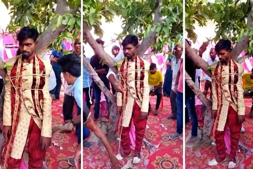 বিয়ের আসরেই যৌতুক দাবি, বরকে গাছের সঙ্গে বাঁধল পাত্রীপক্ষ! (ভিডিও)