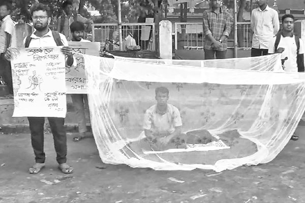 সড়কে মশারি টাঙিয়ে ডেঙ্গু বিরোধী প্রচারণা