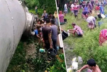 রেলের তেলবাহী ট্যাংকার লাইনচ্যুত, বালতি-কলসি নিয়ে ভিড় স্থানীয়দের