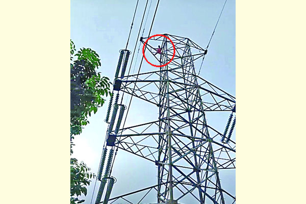 ৩৩ হাজার ভোল্ট বিদ্যুতের টাওয়ারে পা দোলাচ্ছে যুবক!