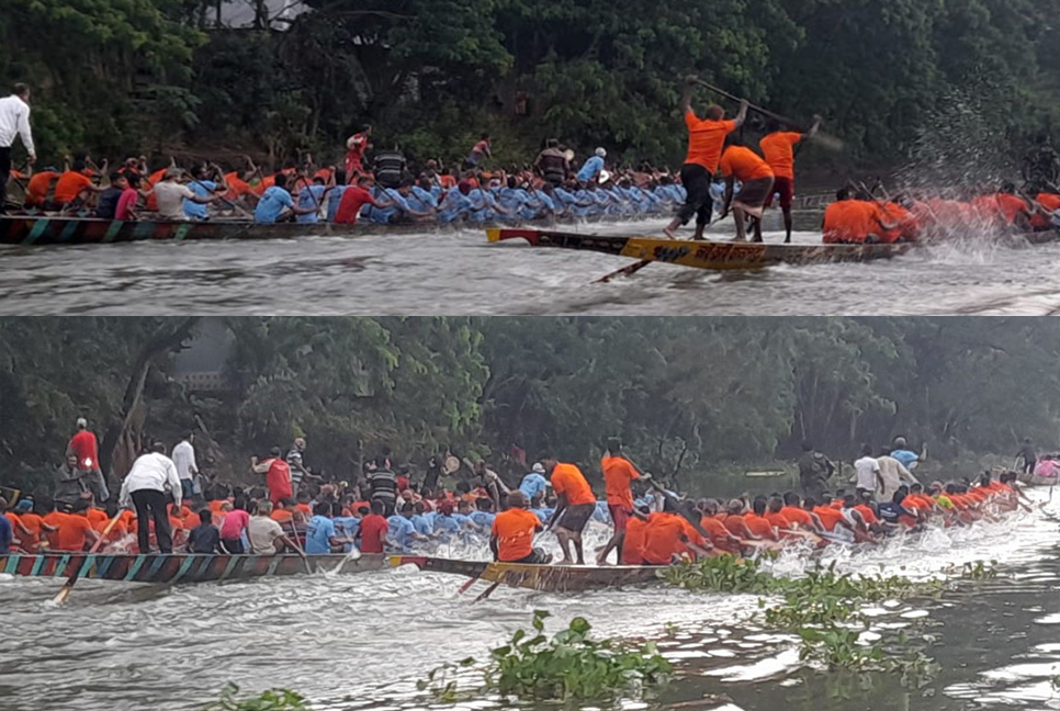 নৌকা বাইচ দেখতে কুমার নদের পাড়ে হাজার মানুষের ভিড়
