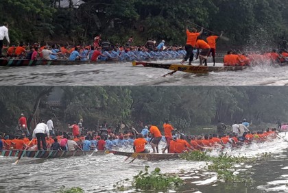 নৌকা বাইচ দেখতে কুমার নদের পাড়ে হাজার মানুষের ভিড়