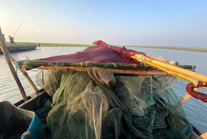 চাঁদপুরে নিষিদ্ধ জাল আগুনে পুড়িয়ে বিনষ্ট
