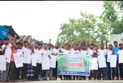 ঠাকুরগাঁওয়ে রোপণকৃত বৃক্ষ কেটে ফেলার প্রতিবাদে মানববন্ধন