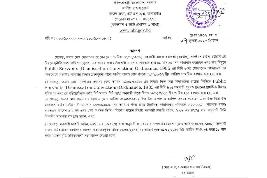 চট্টগ্রাম কাস্টমসের সহকারী রাজস্ব কর্মকর্তার বরখাস্তের আদেশ প্রত্যাহার
