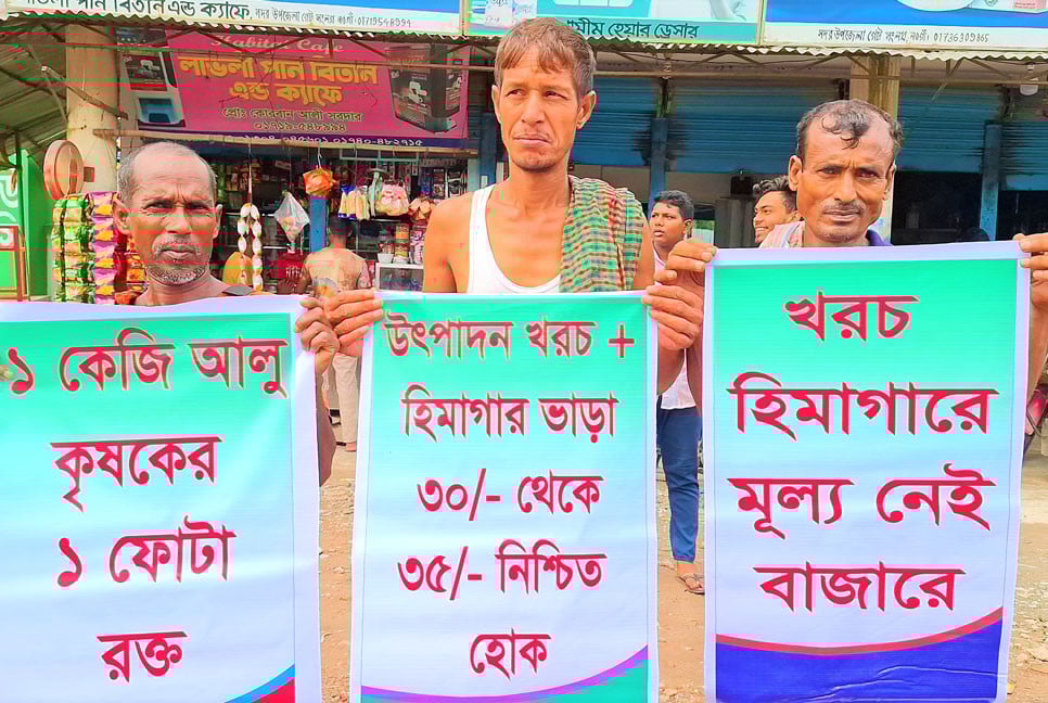 ন্যায্য মূল্যের দাবিতে সড়কে আলু ফেলে চাষীদের মানববন্ধন