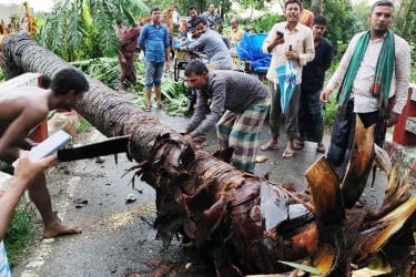 নওগাঁয় হঠাৎ ঝড়ে লণ্ডভণ্ড ঘরবাড়ি