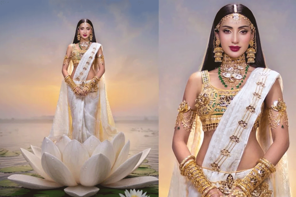 জামদানি শাড়ি-শাপলা ফুলের ন্যাশনাল কস্টিউমে মিথিলা