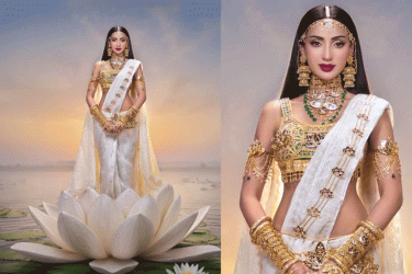 জামদানি শাড়ি-শাপলা ফুলের ন্যাশনাল কস্টিউমে মিথিলা