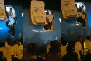 সিঁড়ি নেই, বিমানের দরজা দিয়ে লাফিয়ে নামলেন যাত্রীরা (ভিডিও ভাইরাল)