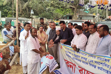 কোটালীপাড়ায় বিকল্প কর্মসংস্থানের লক্ষ্যে মৎস্যজীবীদের মাঝে বকনা বাছুর বিতরণ