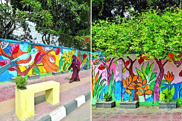 ফুল আর গ্রাফিতিতে নান্দনিক ফুটপাত