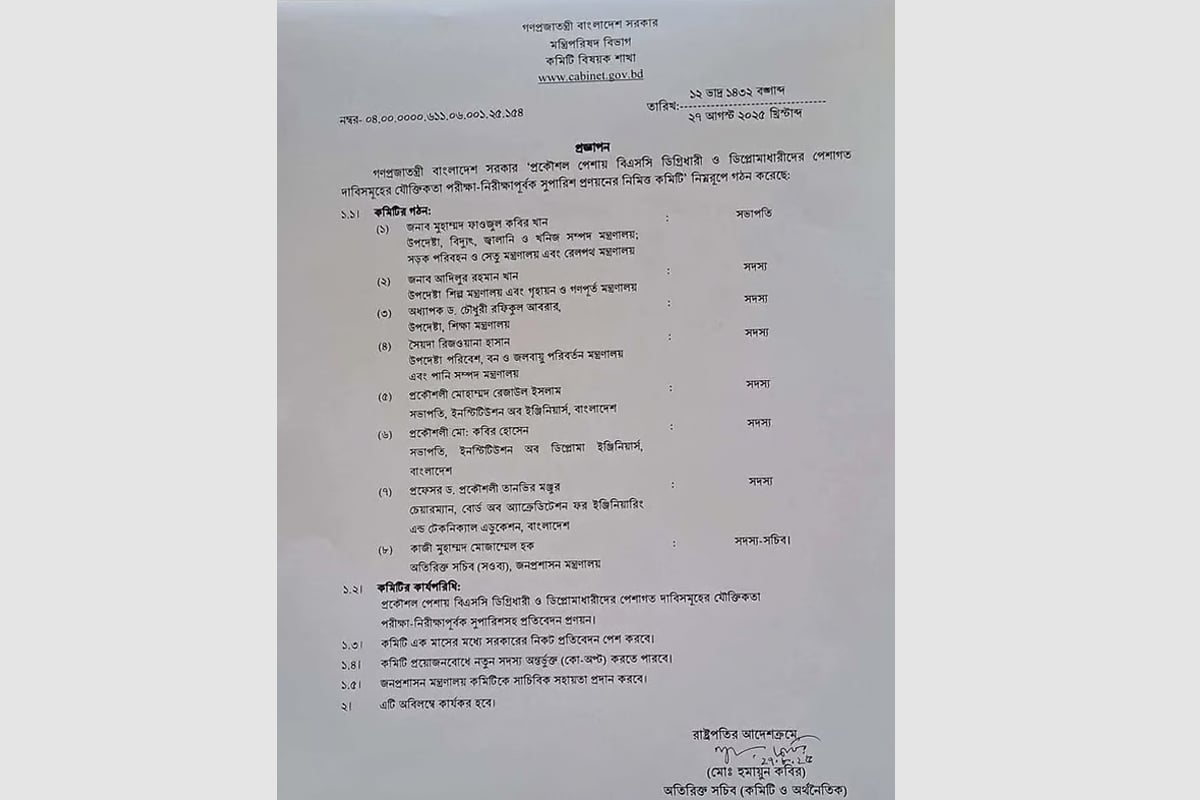 বিএসসি-ডিপ্লোমা প্রকৌশলীদের দাবির যৌক্তিকতা নিরীক্ষায় কমিটি গঠন