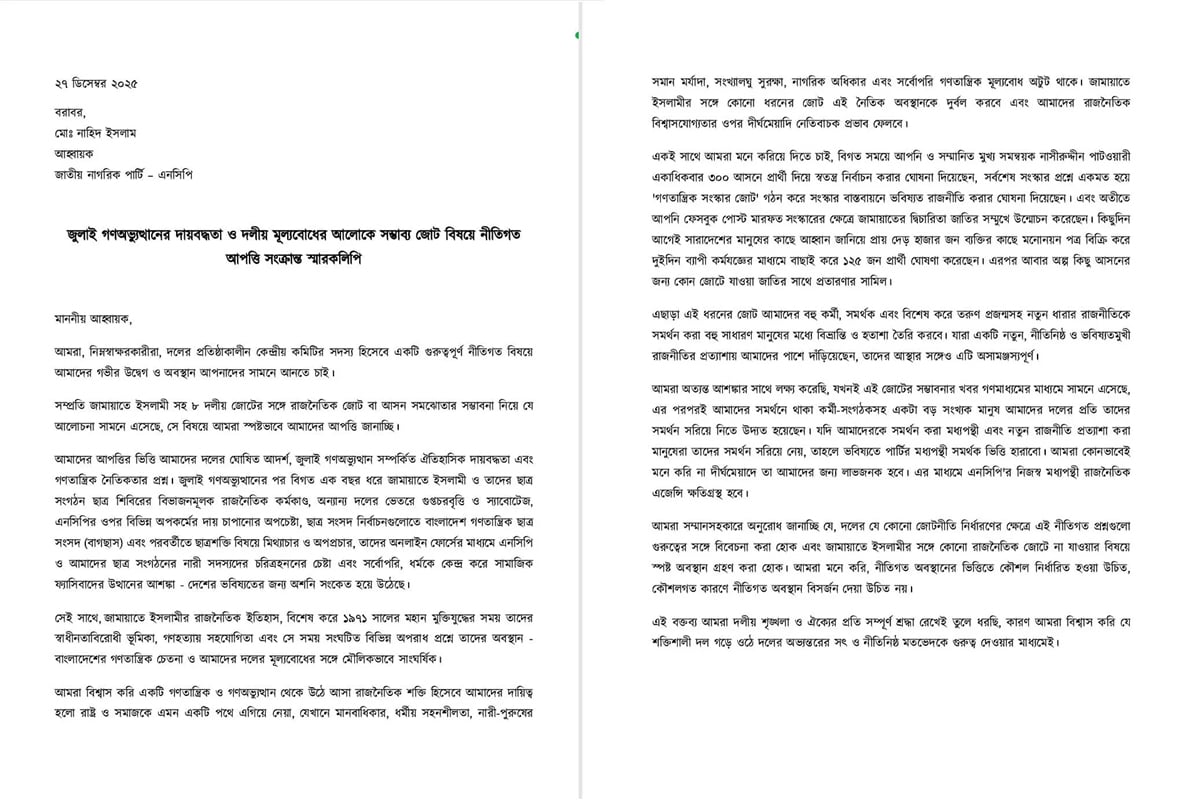 জামায়াতের সাথে জোটে আপত্তি জানিয়ে নাহিদকে এনসিপির ৩০ নেতার চিঠি